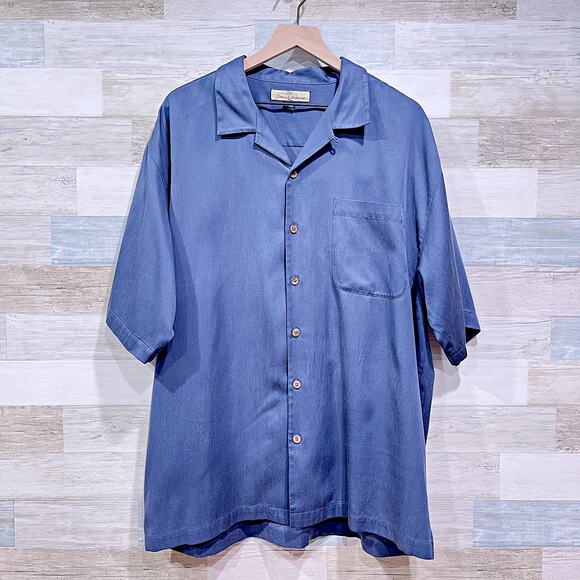 Tommy Bahama 100% Silk Camp Shirt Blue Herringbone Hawaiian Vacation Mens XL - Picture 1 of 6